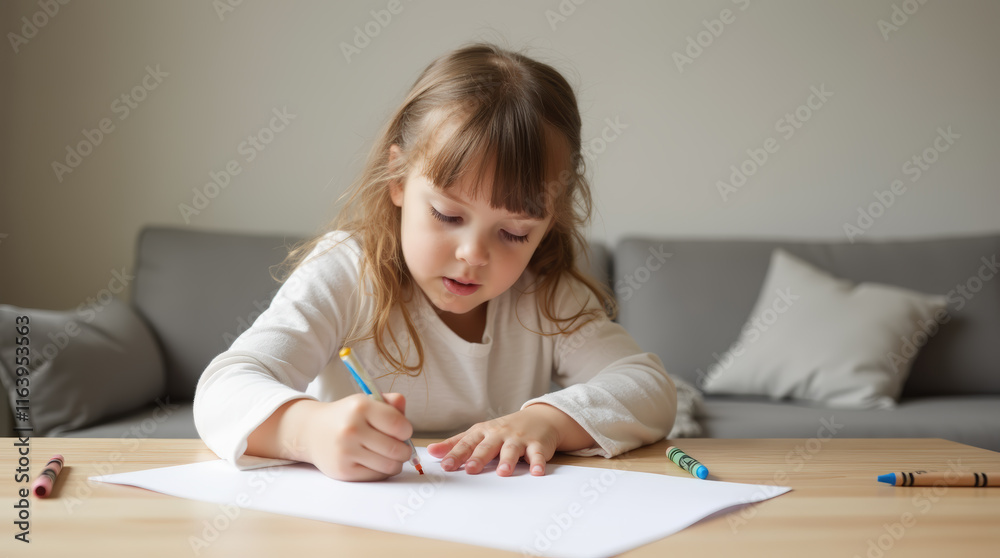 Small Child Makes Art with Crayon in Bright Living Room Small Child Makes Art with Crayon in Bright Living Room