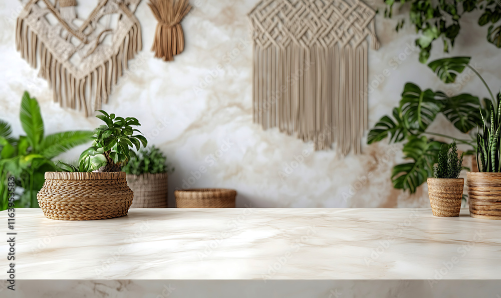 Obraz premium White marble table surface in a modern living room plant pot on the table for displaying products with copyspace for product photography or branding, softly blurred background