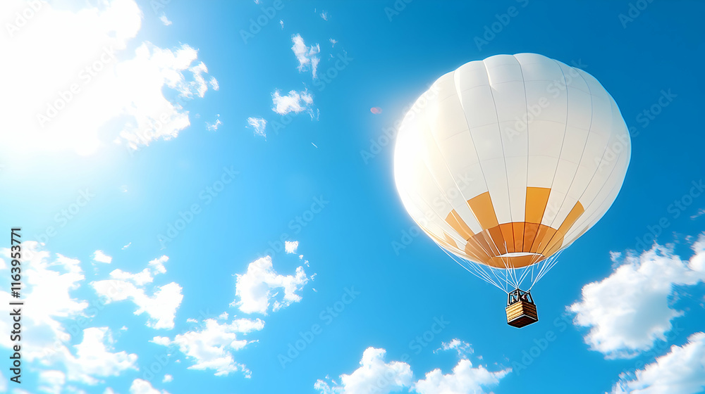 Fototapeta premium White and gold hot air balloon soars in sunny blue sky with fluffy white clouds.