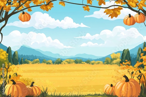 Autumn Landscape with Pumpkins, Scenic Fields and Vibrant Fall Foliage in Nature photo