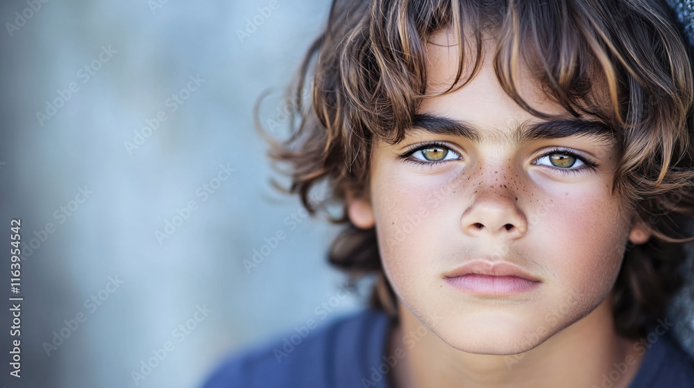 Young Boy with Beautiful Freckles and Striking Green Eyes Gazing Thoughtfully at Camera Young Boy with Beautiful Freckles and Striking Green Eyes Gazing Thoughtfully at Camera