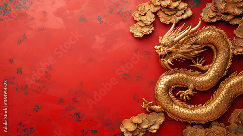 Golden Dragon Sculpture on Red Background
