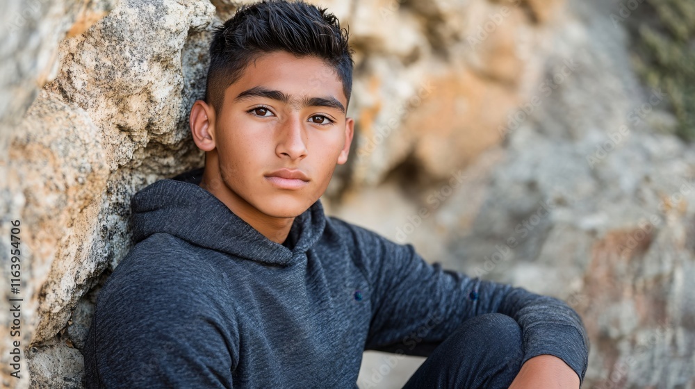 Portrait of a Young Male Teen Relaxing Against a Rocky Outdoor Background Portrait of a Young Male Teen Relaxing Against a Rocky Outdoor Background