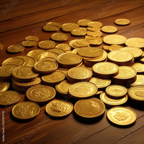 A vast treasure trove of glistening gold coins scattered across a wooden surface, creating a scene of wealth and abundance. photo