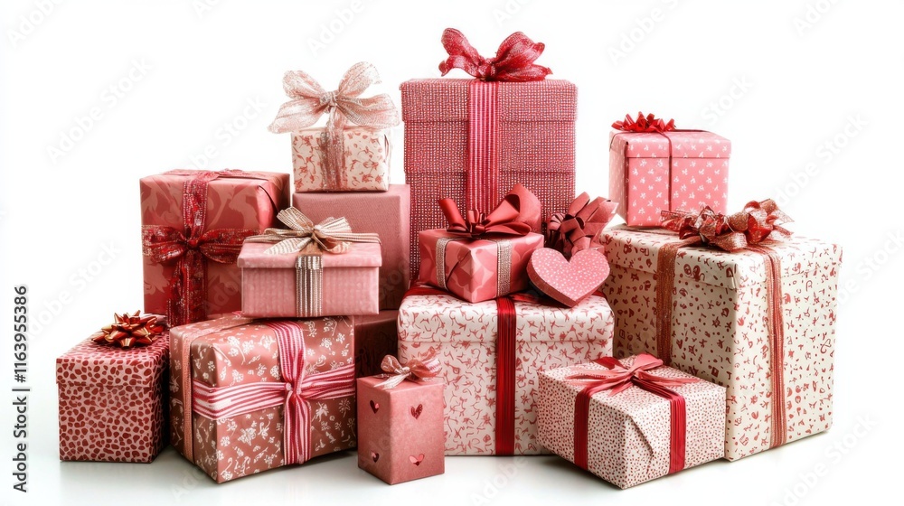 Obraz premium Stack of beautiful gifts on white background. Valentine's Day celebration