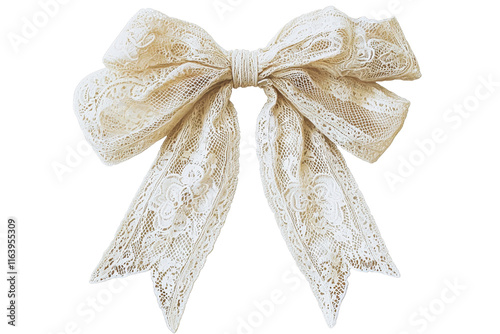A delicate lace bow featuring intricate designs and flowing ribbons, perfect for embellishing gifts or outfits.