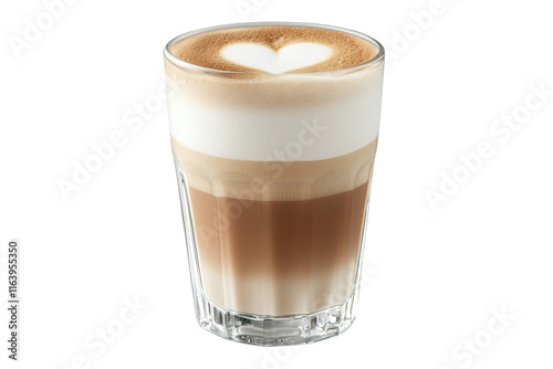 A creamy, layered latte with a heart-shaped foam design served in a clear glass.