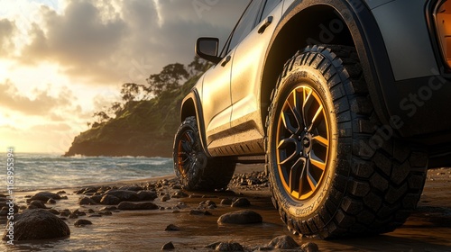 SUV on beach at sunset, rocky shore, tire close-up.