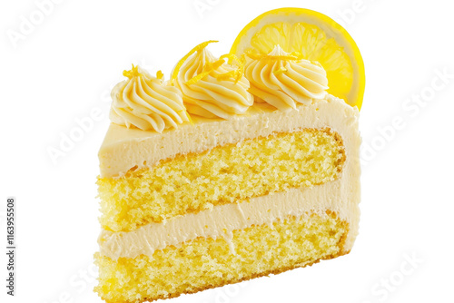 A moist lemon cake slice with creamy frosting and decorative swirls, topped with a lemon slice.