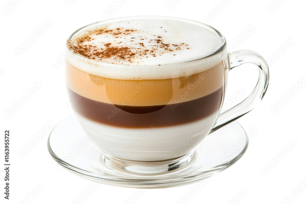 Obraz premium A layered coffee beverage served in a clear cup, featuring distinct colors of espresso, milk, and foam, topped with a sprinkle of cocoa.