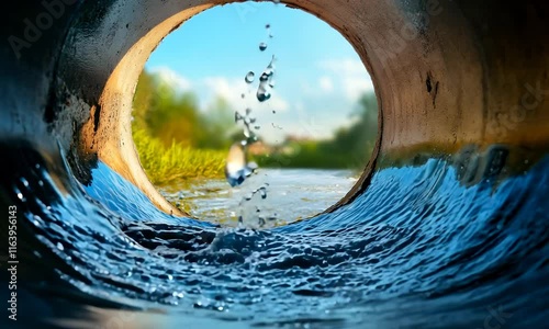Close-up of the Inside View Through an Open Sewer Pipe, Showcasing Water Flowing Down It and Ripples in Its Surface