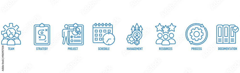 Work flow banner web icon vector illustration concept with icon of team, strategy, project, schedule, management, resources, process, documentation Work flow banner web icon vector illustration concept with icon of team, strategy, project, schedule, management, resources, process, documentation