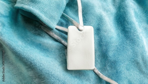 Close-Up of Blank White Clothing Tag Attached to Soft Turquoise Knit Fabric. Ideal for Apparel Branding, Customizable Label Designs, Retail Product Tags, or Eco Friendly Packaging Concepts photo