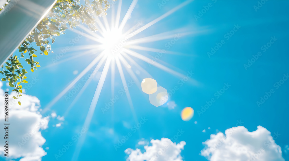Fototapeta premium Bright sun shining with lens flare on blue sky and white clouds background.