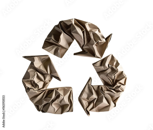 Crumpled paper recycling symbol in circular shape, representing sustainability and eco friendliness. This design emphasizes importance of recycling and environmental care photo