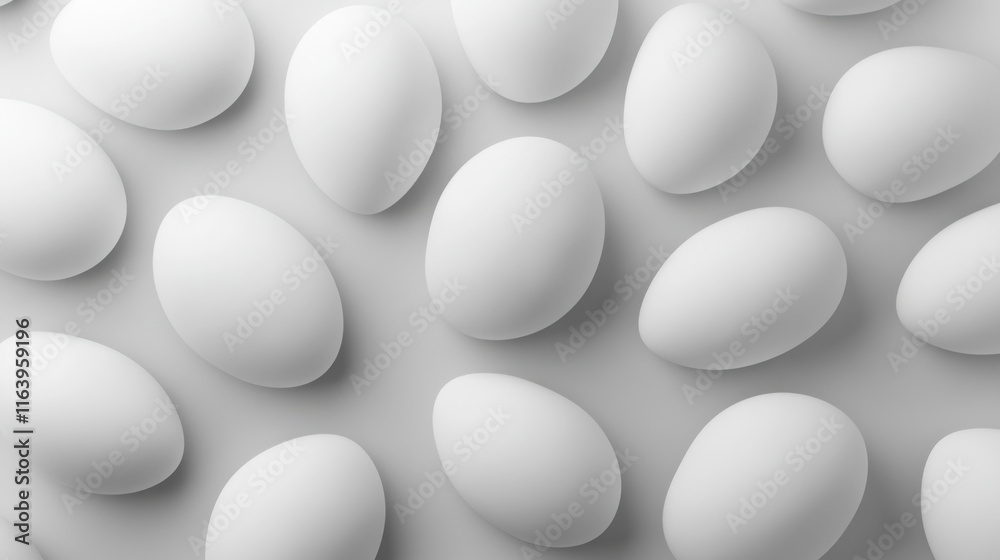 White eggs arranged on clean white background, creating minimalist pattern White eggs arranged on clean white background, creating minimalist pattern