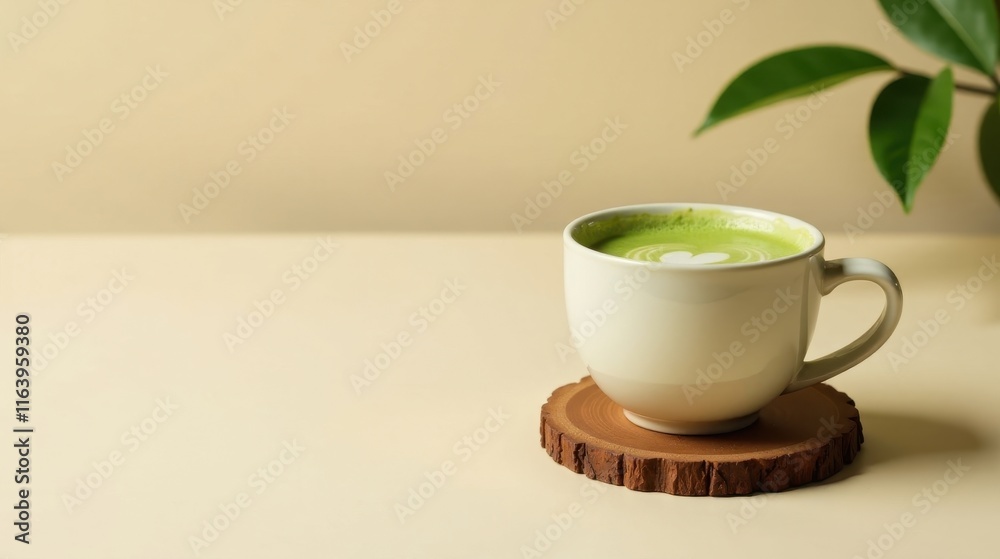 Aromatic Green Tea Latte with Heart Design, Served on Rustic Wooden Coaster Aromatic Green Tea Latte with Heart Design, Served on Rustic Wooden Coaster