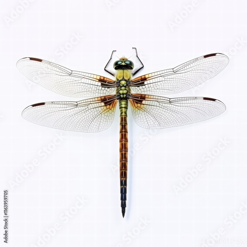 Isolated Dragonfly Displaying Intricate Wing Patterns and Unique Colors Against a Minimalist White Background, Ideal for Nature Themes and Artistic Projects photo