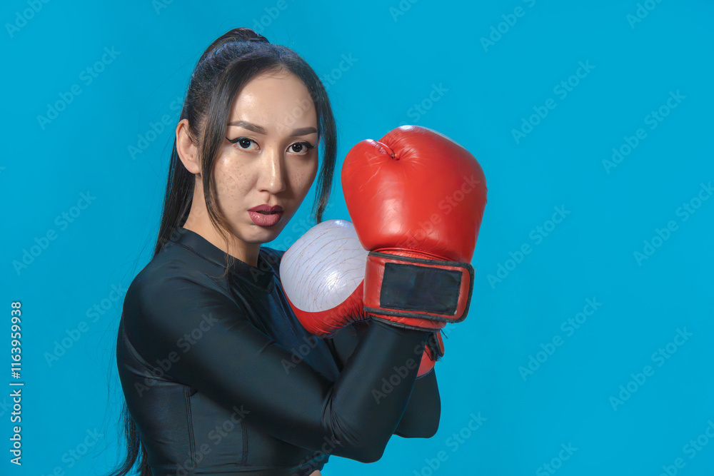 Asian girl in boxing gloves on isolated blue background. Healthy lifestyle concept Asian girl in boxing gloves on isolated blue background. Healthy lifestyle concept
