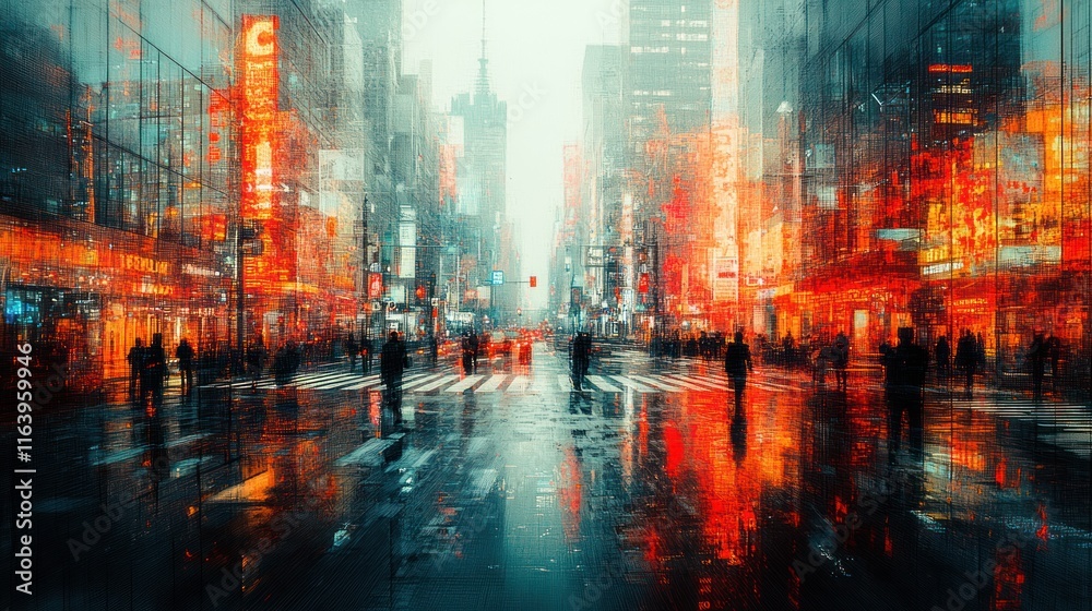 Obraz premium Abstract city street, rain, vibrant lights, silhouettes.