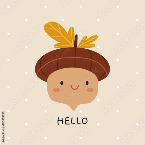 Cute acorn in a naive style on a polka dot background. The inscription Hello.Oak, acorn, tree leaves. Nature print in Scandinavian style