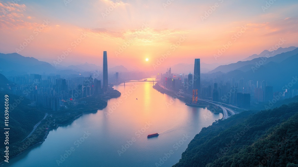 Fototapeta premium Sunset over a river with city skyline and mountains.