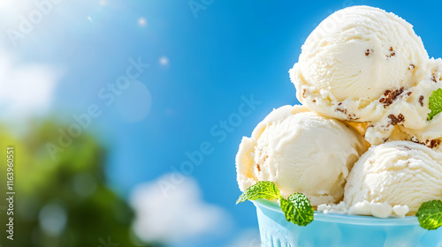 Vanilla ice cream scoops with chocolate chips and mint in a blue cup under blue sky.