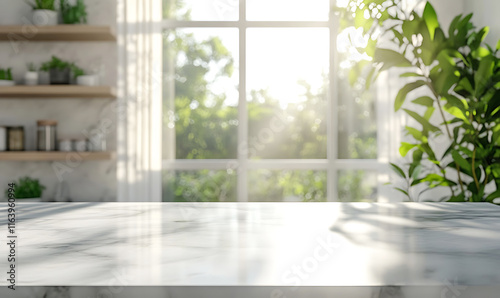 white polished marble table surface in a modern kitchen for displaying products with copy space for product photography or branding softly blurred background