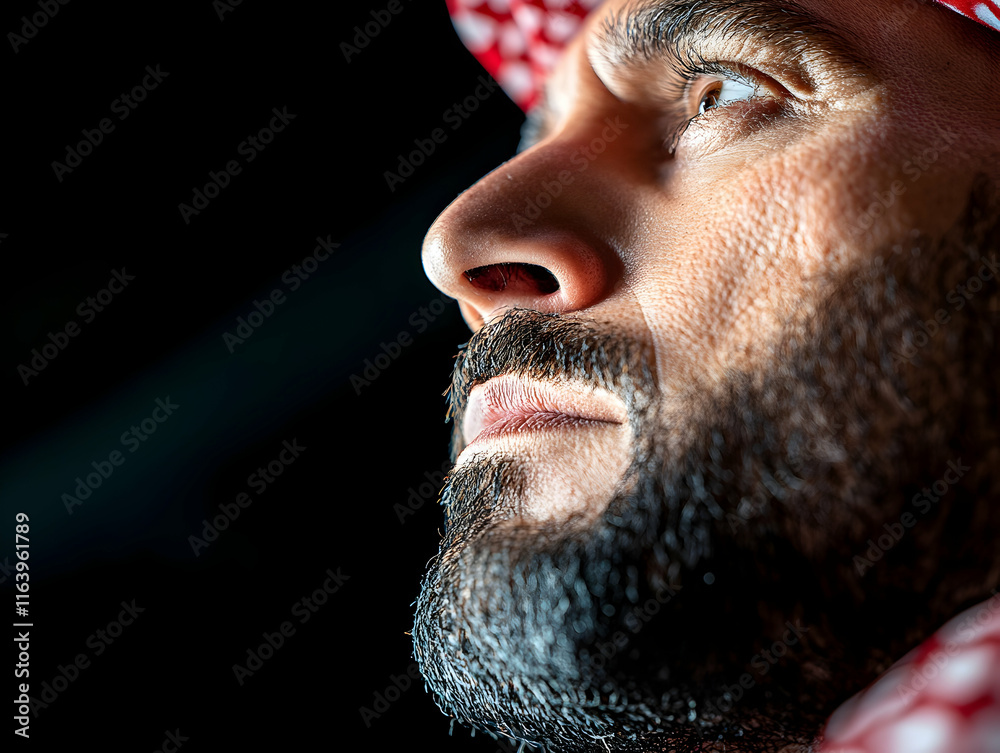 Obraz premium Close-up profile of a man with a beard and keffiyeh. (1)
