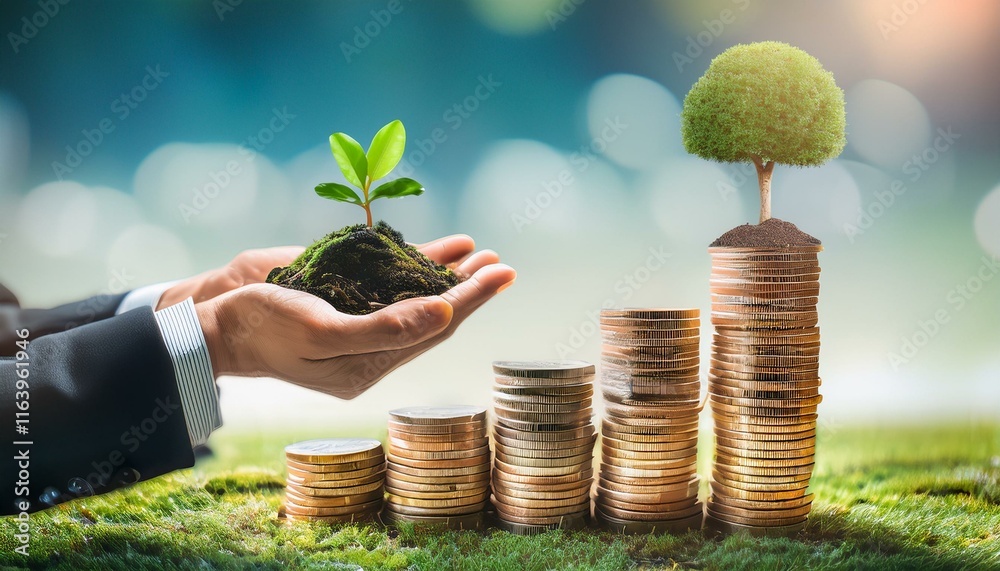 Businessman holding coin with a tree growing on money coin stack. Investment Ideas and Green Business Growth. Finance sustainable development. Alternative sources of energy. Eco business investment