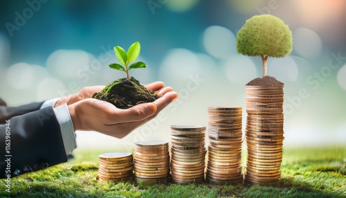 Obraz na płótnie Businessman holding coin with a tree growing on money coin stack. Investment Ideas and Green Business Growth. Finance sustainable development. Alternative sources of energy. Eco business investment w salonie