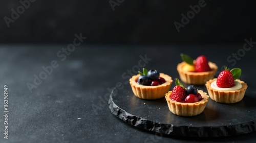 A delectable assortment of miniature fruit tarts, each adorned with a vibrant medley of fresh berries and cream, artfully arranged on a dark slate serving board.
