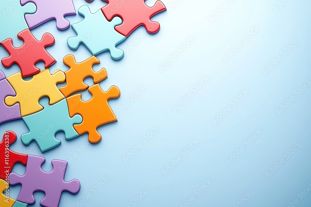 Obraz premium A set of colorful puzzle pieces fitting together, symbolizing teamwork and unity, on a light blue gradient background, leaving space for a message