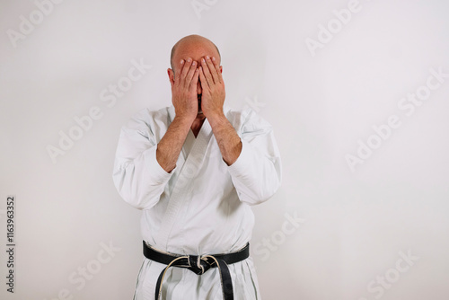 Black belt karate master covering his face photo