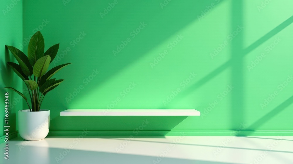Minimalist interior design featuring a simple white shelf against a vibrant green wall, illuminated by natural light, showcasing a potted plant in a corner. Minimalist interior design featuring a simple white shelf against a vibrant green wall, illuminated by natural light, showcasing a potted plant in a corner.