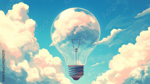 Kreative Glühbirne mit Wolken und Himmel im Inneren

