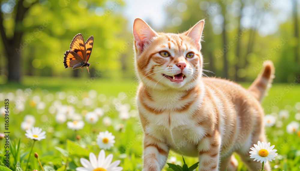 Fototapeta premium Playful cat chasing butterfly in a flower-filled meadow