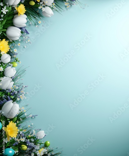 Colorful spring flowers and Easter eggs frame a serene blue background. photo