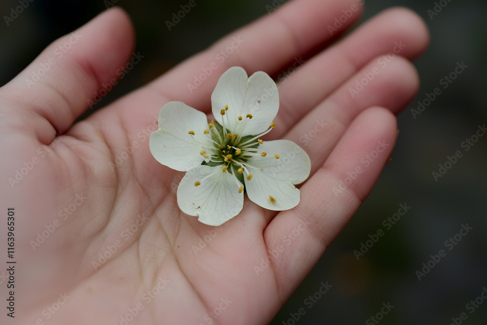Fresh white flower resting in an open hand Fresh white flower resting in an open hand