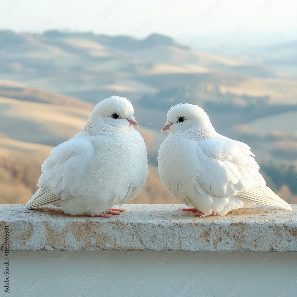 Gentle doves sit with countryside background suggesting beauty, peace, romance, and companionship themes. Gentle doves sit with countryside background suggesting beauty, peace, romance, and companionship themes.