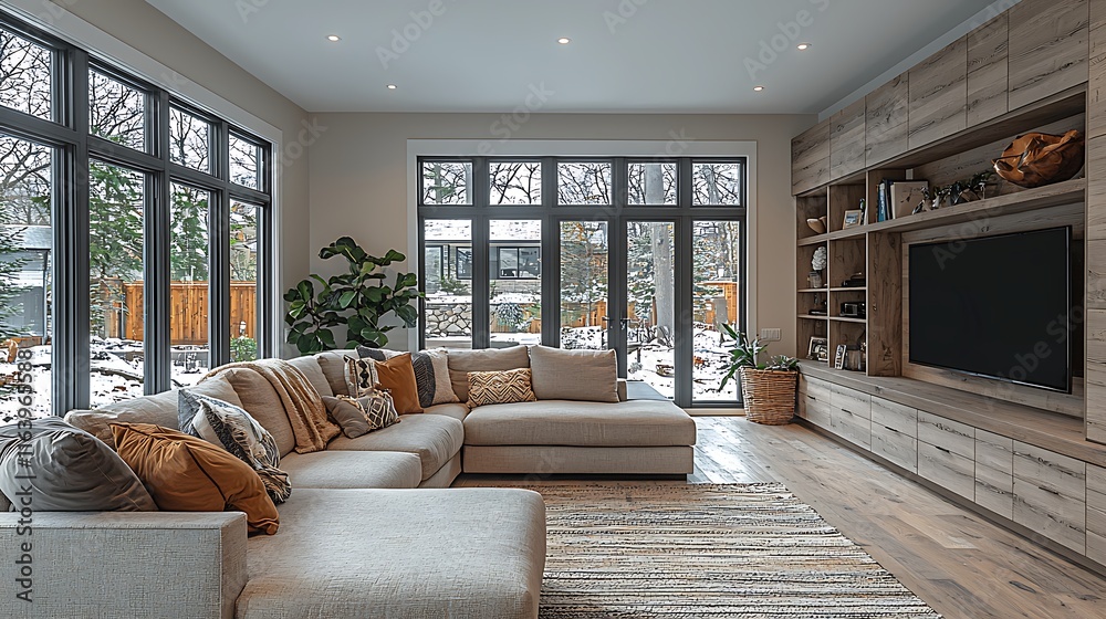 Fototapeta premium Modern Living Room Interior Design with Large Windows Sectional Sofa