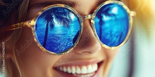 Fototapeta Naklejka Na Ścianę i Meble -  Smiling woman with sunglasses reflecting tropical beach scenery.