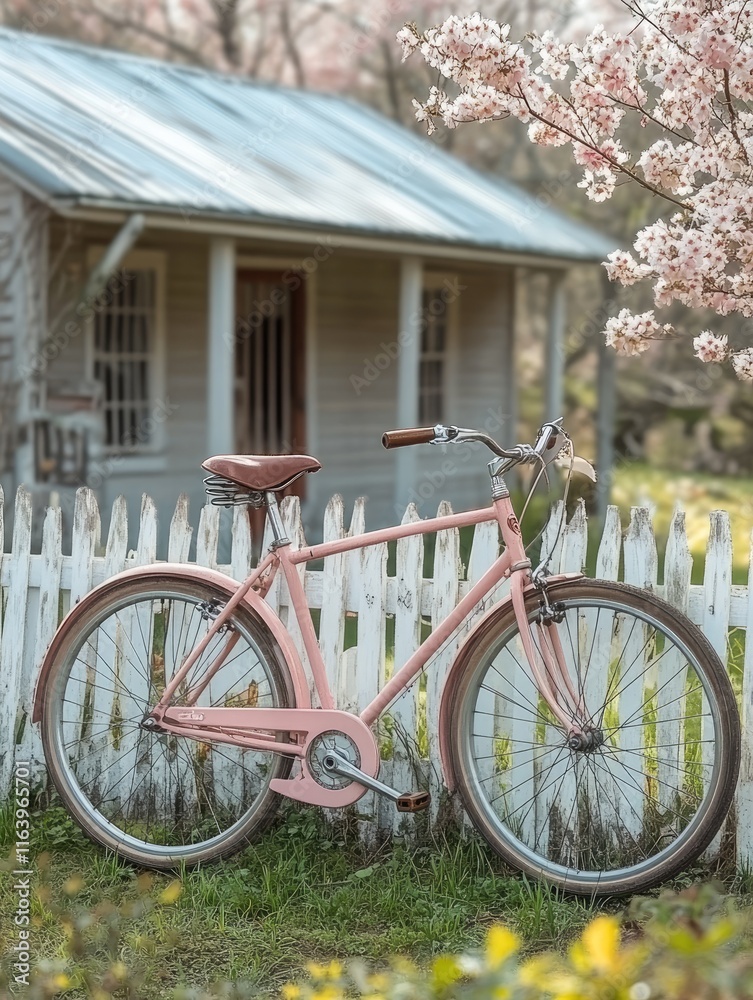 A pink bicycle rests by a white picket fence with a blossoming cherry tree near a quaint cottage. A pink bicycle rests by a white picket fence with a blossoming cherry tree near a quaint cottage.