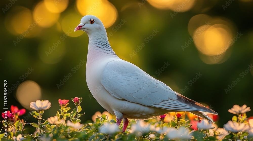 White pigeon in garden at sunset. White pigeon in garden at sunset.