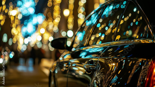 Sleek Black Car with Colorful Bokeh Lights