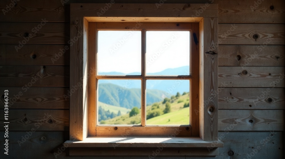 Rustic Cabin Window Offering Panoramic View of Rolling Green Hills and Distant Mountains Under a Bright Sunny Sky Rustic Cabin Window Offering Panoramic View of Rolling Green Hills and Distant Mountains Under a Bright Sunny Sky
