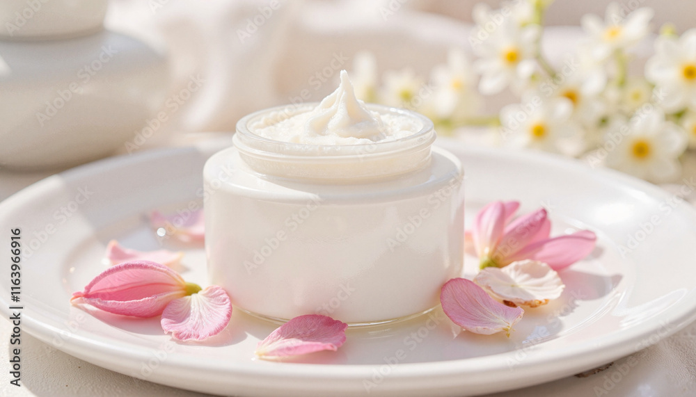 Moisturizing cream in a jar on a plate with flower petals Moisturizing cream in a jar on a plate with flower petals