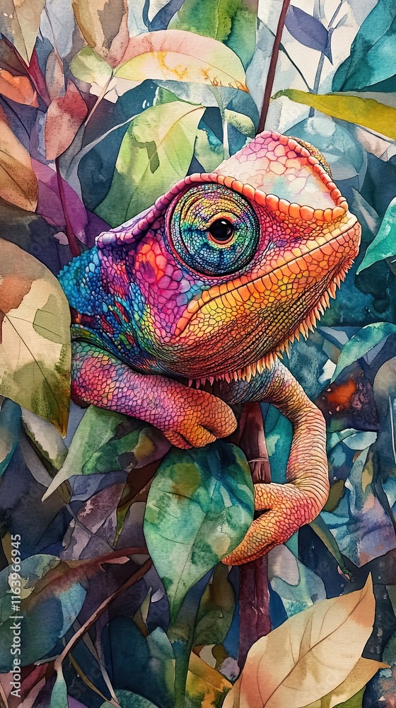 Fototapeta premium A Vibrant Chameleon Among Lush Tropical Foliage