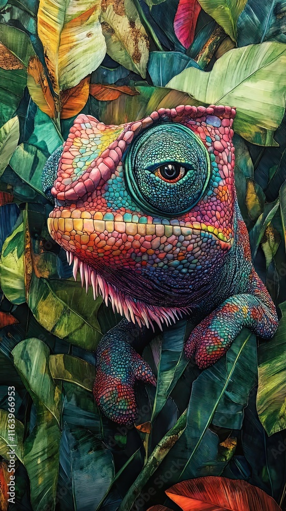 Obraz premium A Vibrant Chameleon Hidden Amongst Lush Tropical Foliage