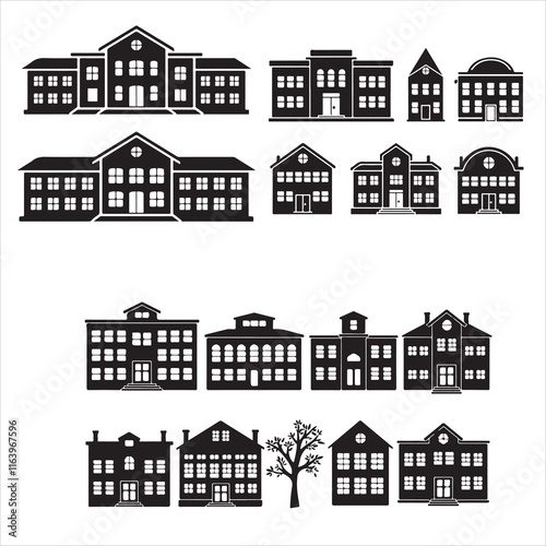 set of black vector school buildings silhouette